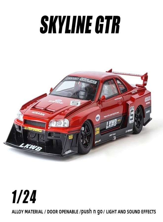 KING FORU Scale Exclusive Alloy Metal Pull Back Die-cast Car Model with Sound Light Mini Auto Toy for Kids Metal Model Toy Car with Sound and Light (1:24 NISS-an GTR R34 Skyline-RED) - Image 3